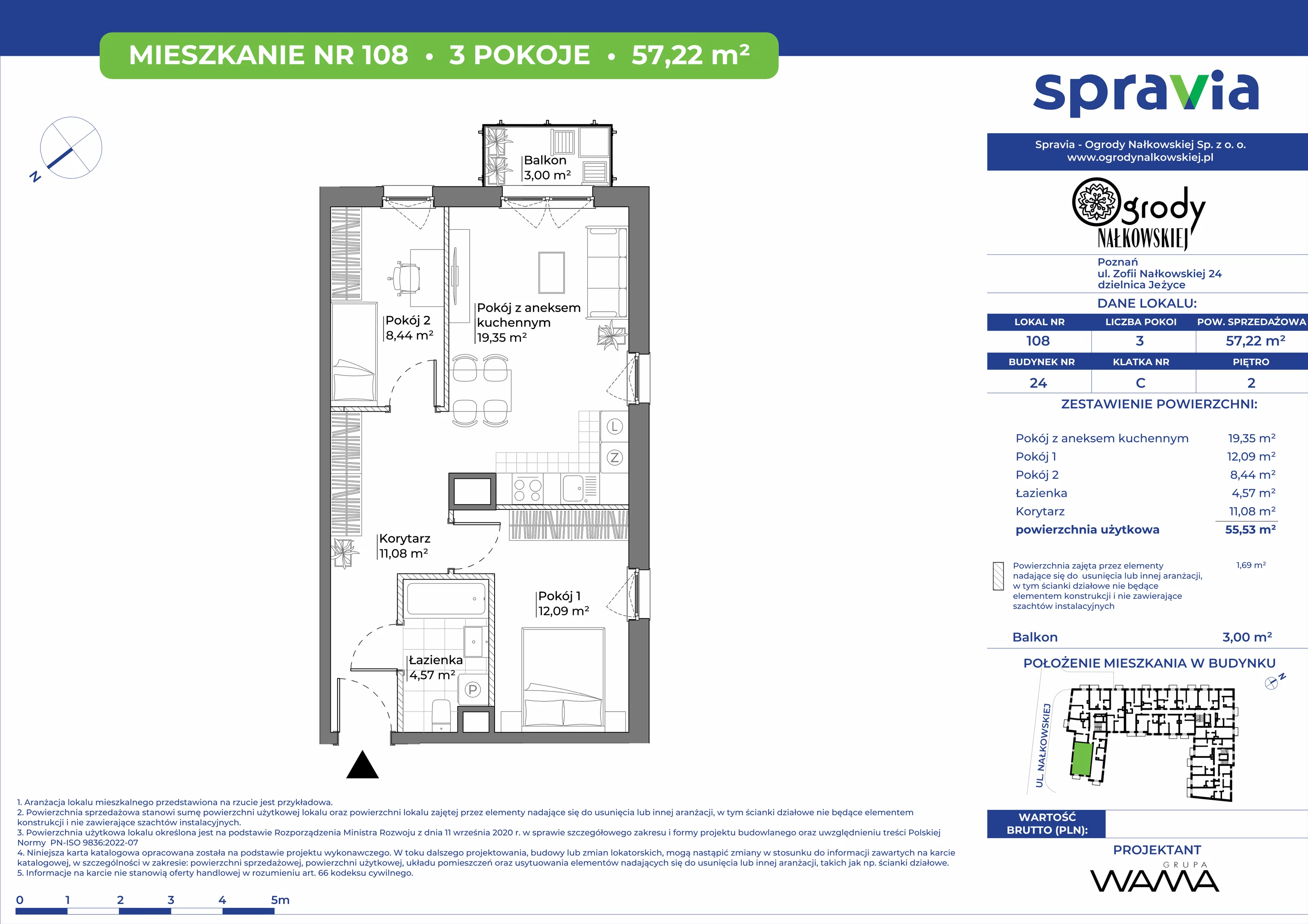 3 pokoje, mieszkanie 57,22 m², piętro 2, oferta nr 24-108, Ogrody Nałkowskiej, Poznań, Ogrody, ul. Nałkowskiej 24, 26